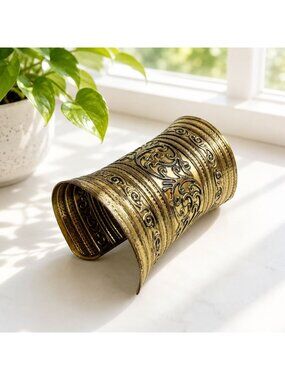 Vintage Brass Ornate Cuff Bracelet With Intricate Engraved Floral Design 4" Tall